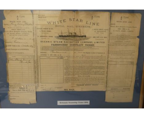 White Star Line Royal Mail Britannic steamship ticket dated 1894, ticket holders name John Sharp, Liverpool - New York, mount