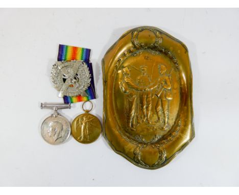 A pair of First World War medals awarded to Gunner P R Boyde of the Royal Artillery together with a London Scottish badge and