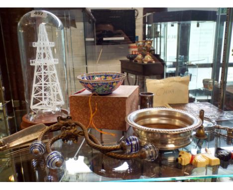 Assorted collectables to include eggshell oriental porcelain bowl, vintage glass curtain tie backs, EPNS coaster, stamps etc 