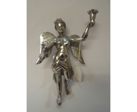 A vintage chrome car mascot modelled as an angel holding a torch numbered on reverse 83, 18cms tall 