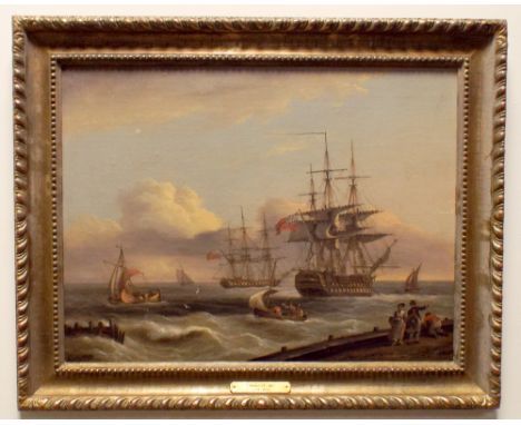 Thomas Luny (1759 - 1837), oil on board, a seascape scene depicting two British frigate ships and four other smaller boats on