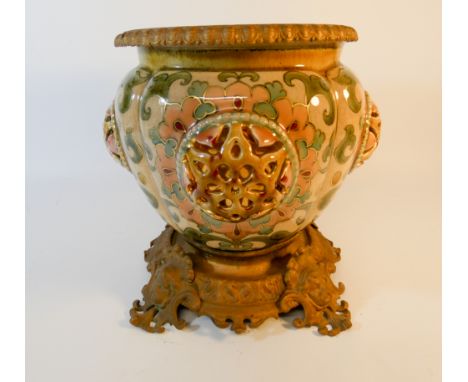 A Zsolnay Pecs jardiniere on gilt metal mounts, height 21cm and internal diameter 13.5cm      No visible damage or losses old