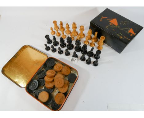 Wooden vintage chess set and draughts set