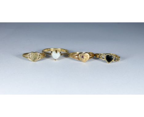 Four 9ct gold ladies rings, to include heart shaped opal example