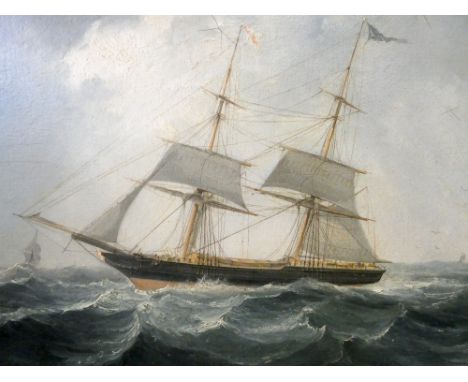 An oil on board seascape depicting a prominent ship in the foreground and numerous ships in the background in choppy waters, 