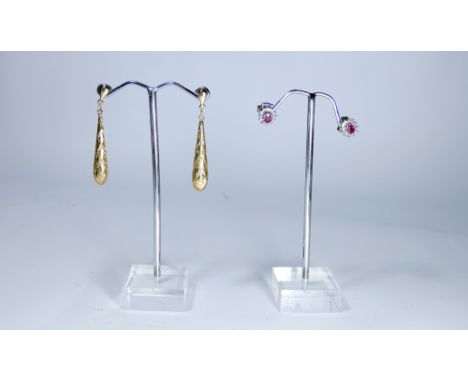 A pair of 9ct yellow gold bright cut drop earrings together with a pair of ruby and diamond cluster ear studs. both with orig