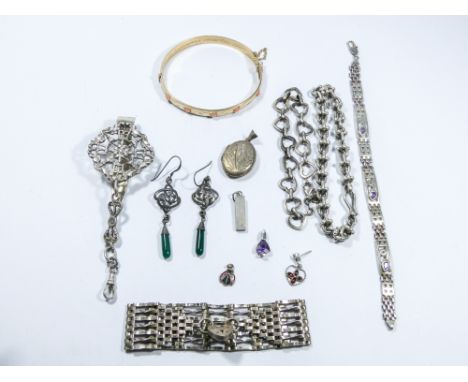 A collection of silver jewellery to include chatelaine clip, gate and other bracelets and a rolled gold bangle 