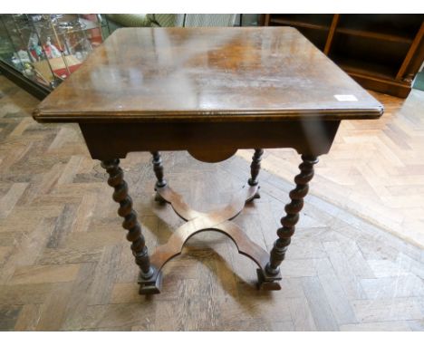 A square walnut occasional table on William and Mary style bobbin turned leg base 