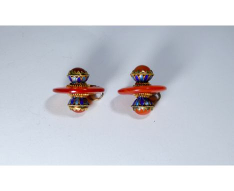 Pair of Chinese agate and cloisonne enamel pendant belt toggles