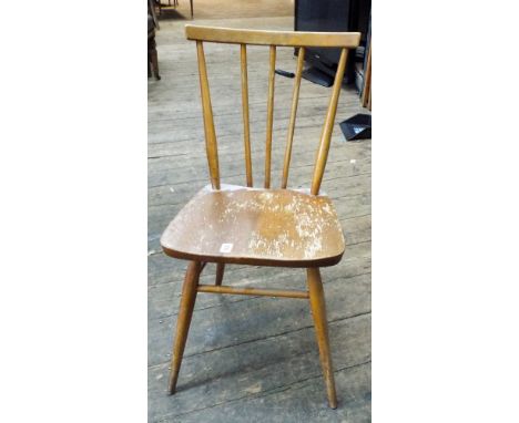 Three matching Ercol elm stick back dining chairs all in need of polish 