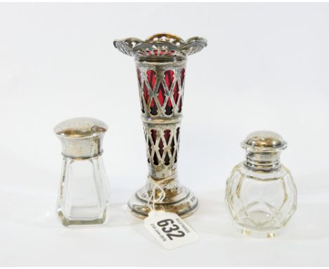 A hallmarked silver specimen vase with ruby glass liner measuring 10cms tall together with two silver topped dressing table j