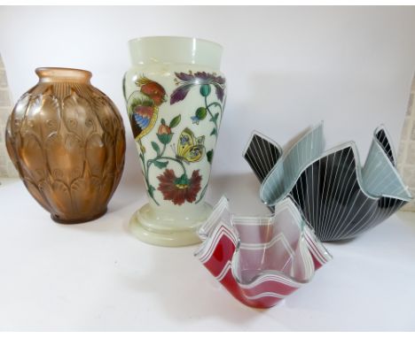 An Arts and Crafts enamelled glass vase, 28cm high decorated with birds and butterflies together with an Art Deco honey colou