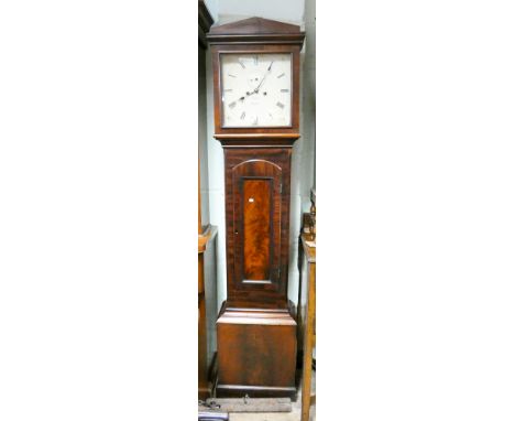 A 19th Century eight day grandfather clock in mahogany case with square enamel dial by Mullin of Dublin, dial is 12.5" square