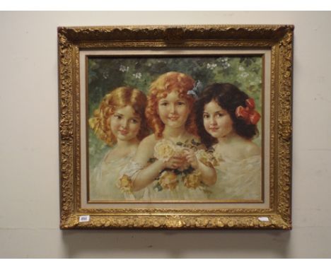 A. Gilbert, oil on canvas, portrait of three young girls in a garden scene, the central girl carries a posy of roses, signed,