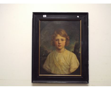 Oil on canvas, portrait of a young girl in a landscape, signed indistinctly, image 58cm x 43cm, in a black wooden frame