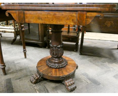 An early Victorian mahogany and rosewood banded folding top card table on pillar and platform back with paw feet, 3'0 wide 