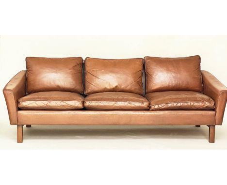 SOFA, 1970's Danish, grained tan leather and teak supports, 206cm W approx. 