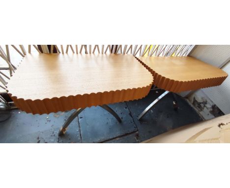 MEDIA CONSOLE TABLES, a pair, 100cm W x 87cm H x 60cm D with scalloped tops on 'X' framed metal supports. (2) 