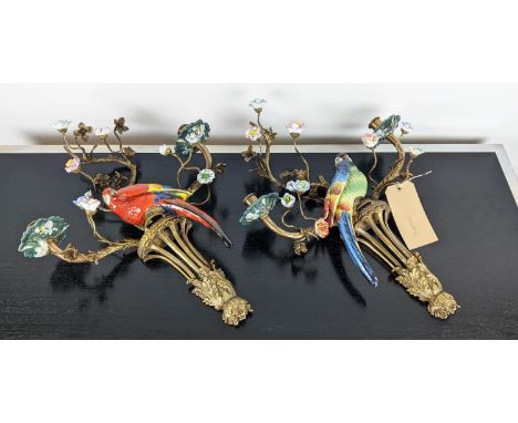 WALL SCONCES, a pair, glazed ceramic and gilt metal, 56cm H. (2) 