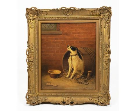 WILLIAM EDGAR MARSHALL (1837-1906), Terrier with bowl, oil on canvas, 44cm H x 36cm. 