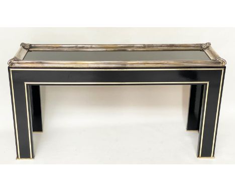 CONSOLE TABLE, 145cm W x 76cm H x 41cm D, 20th century French, ebonised, with brass and silvered mounts, cast scroll corners 