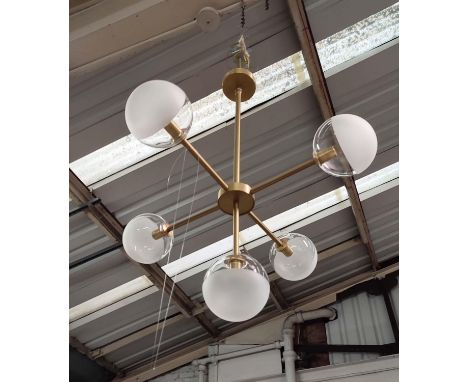 CEILING PENDANT LIGHT, 1960s Italian style, gilt metal, glass shades, 100cm drop. 