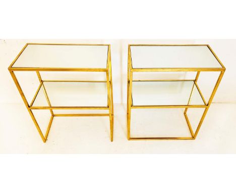SIDE TABLES, a pair, 61cm x 51cm x 28cm, 1960's French style, two-tier form, mirrored glass tops and lower tiers, gilt metal 