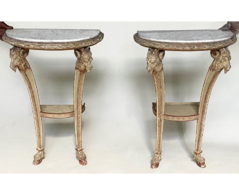CONSOLE TABLES, a pair, Italian style grey painted each semicircular with rams head capping and hoof supports, marble top and