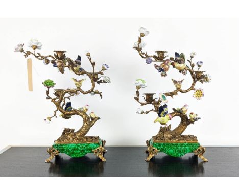 CANDELABRA, a pair, glazed ceramic and gilt metal, 50cm H. (2) 