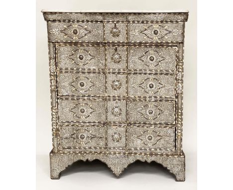 SYRIAN COMMODE, late 19th century/early 20th century Syrian hardwood, bone, mother of pearl and silvered metal inlaid with fi