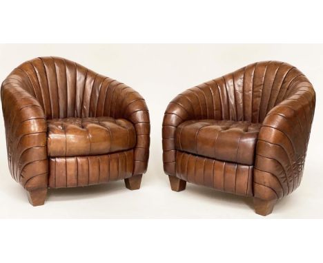 ARMCHAIRS, a pair, Art Deco style with arched ribbed backs and button, quilted seat, 80cm W. (2) 