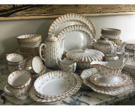 DINNER SERVICE, English Fine Bone China, spode, 'Fleur  de lys', gold, twelve place, six piece settings, approx 90 pieces. 