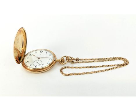 AN OMEGA 14CT GOLD POCKET WATCH, white dial and Arabic numerals, serial number '4469470', engine turned front and back covers