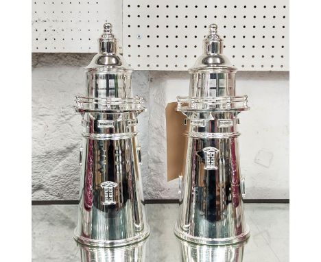 LIGHT HOUSE COCKTAIL SHAKERS, a pair, polished metal, 35cm H. (2) 