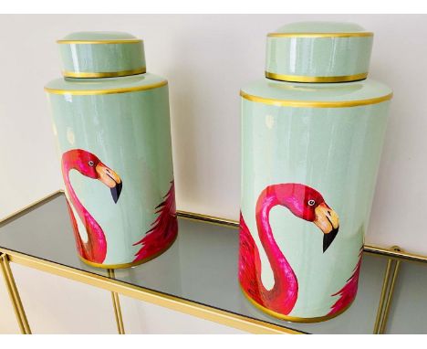 GINGER JARS, pair, 40cm H x 20cm diam., glazed ceramic with flamingo design. (2) 