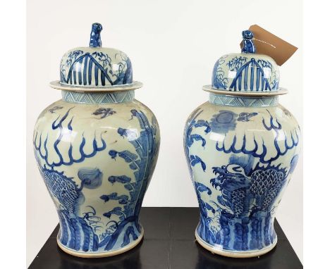TEMPLE JARS, a pair, 52cm H, Chinese export style blue and white ceramic. (2) 