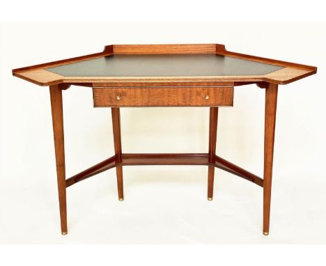 DESK, 1970's mahogany, with canted corners, writing surface gallery, frieze drawer and stretchered under tier, 120cm x 55cm x