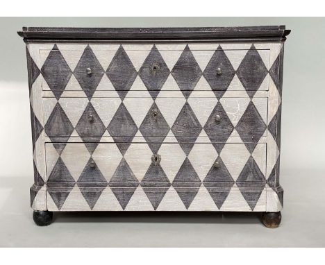 HARLEQUIN COMMODE, 19th century Continental pattern, decorated with three long drawers and bun supports, 109cm W x 50cm D x 8