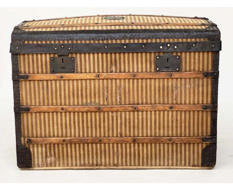DOMED CARRIAGE TRUNK, 19th century French striped fabric and metal bound with rising lid and carrying handles, 'Avenue de L'O