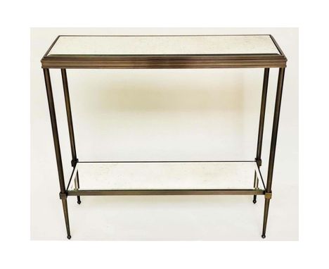 CONSOLE TABLE, forged metal with bevelled mirror shelves, 88cm W x 24cm D x 74cm H. 