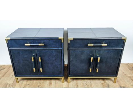 SIDE CHESTS, a set of 2, 1960's French style, each with a drawer above cabinet compartment, leathered finish, one black and o