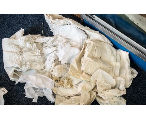 Bag of Victorian Linen, including embroidery, lace, nightdress, Victorian bloomers, Underskirt with pearl buttons, embroidery