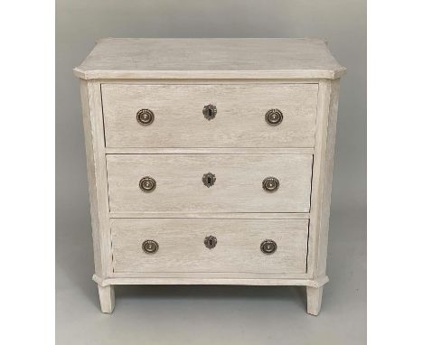 COMMODE, French Directoire style, grey painted with three long drawers with fluted angles and supports, 80cm x 45cm x 86cm H.