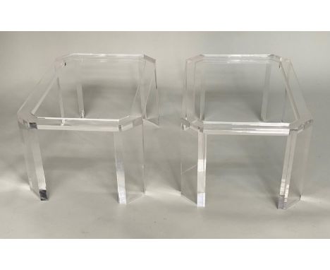 LUCITE LAMP TABLES, a pair, 1970s rectangular with canted corners and glass inserts, 77cm x 53cm x 40cm H. (2) 