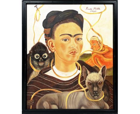 AFTER FRIDA KAHLO (Mexican 1907-1954) 'Self portrait with Small Monkey', oil on canvas, 75cm x 60cm, framed. 