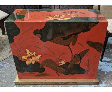 CONSOLE TABLE, 72cm high, 84cm wide, 33cm deep, Chinese style, lacquered finish, on gilt base. 