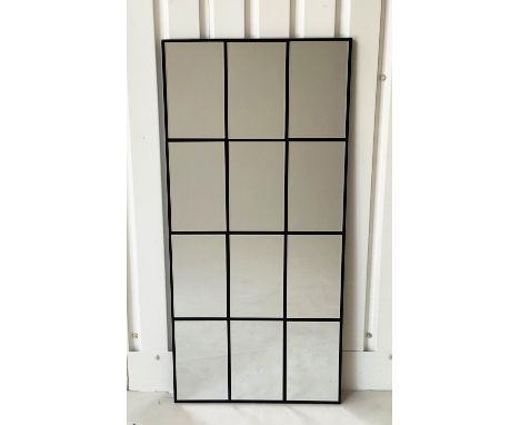 ARCHITECTURAL WALL MIRROR, 150cm x 70cm, twelve paned bevelled mirrors in black frame. 