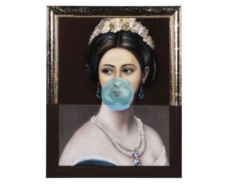 PORTRAIT OF A REGENCY LADY, blowing bubble gum, 92cm x 72cm, framed. 