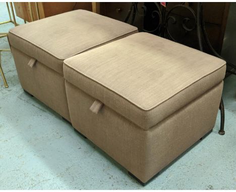 SOFA AND CHAIR COMPANY OTTOMANS, each 53cm W x 53cm D x 45cm H, a pair, with rising lids and storage beneath, brown fabric up