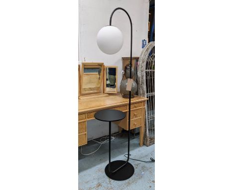 READING FLOOR LAMP, French Art Deco style, black painted metal, glass shade, 176cm H, with table built in. 